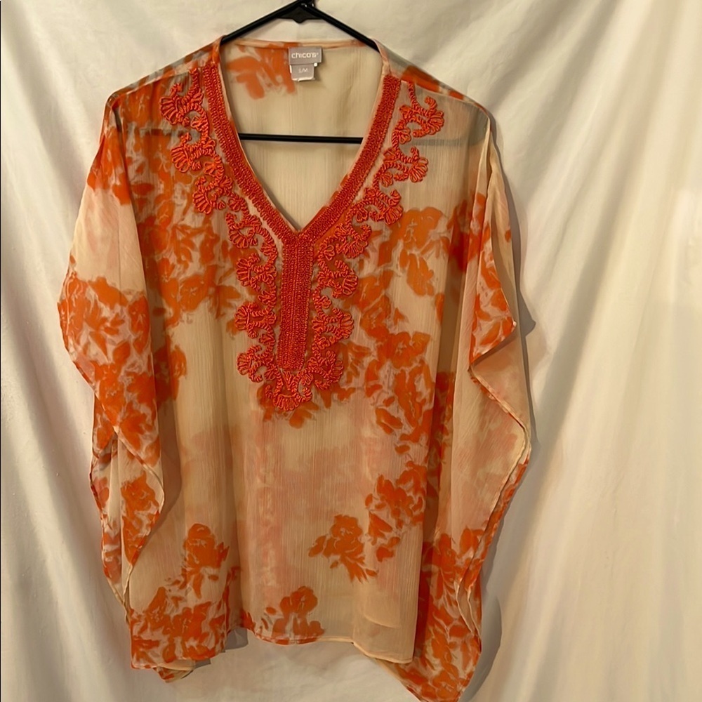 Chico's Orange Embroidered Printed Floral Women's Top Poncho Size S/M